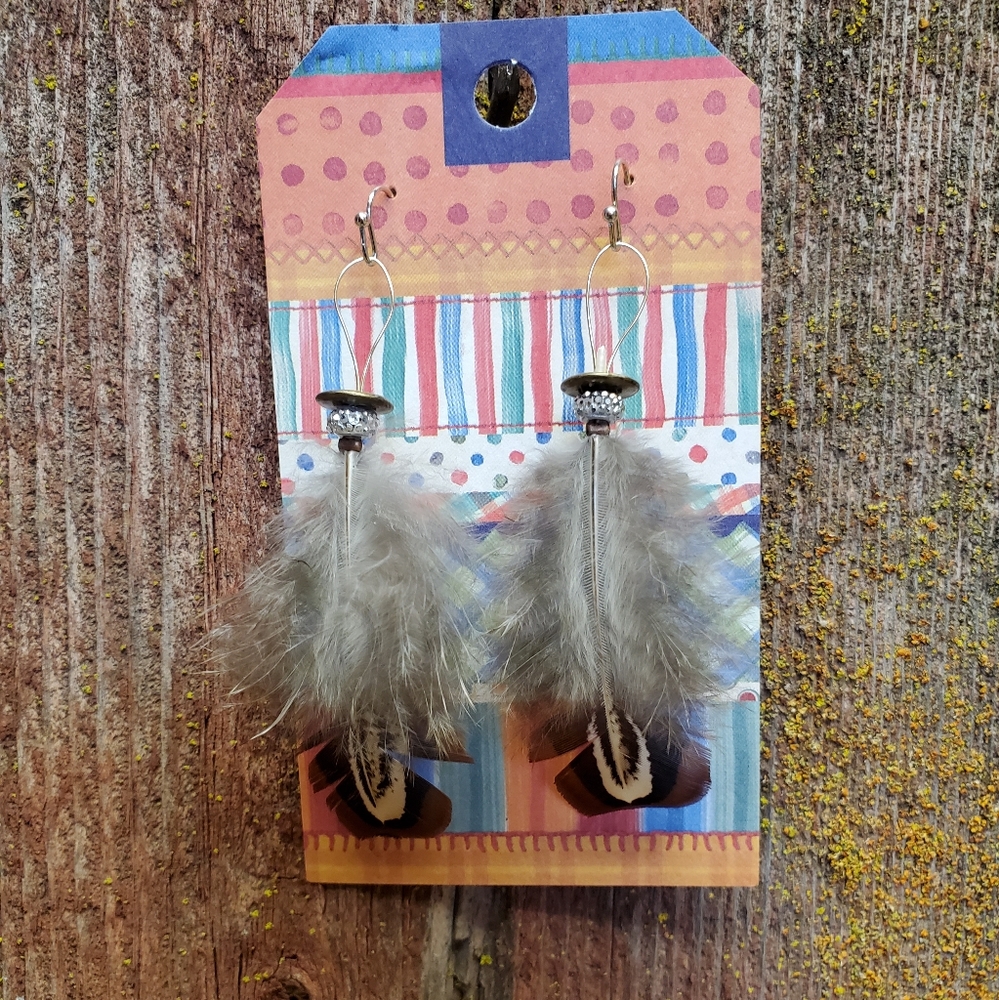 Pheasant Feather Earrings Copper & Silver Accents Rhinestone Bling